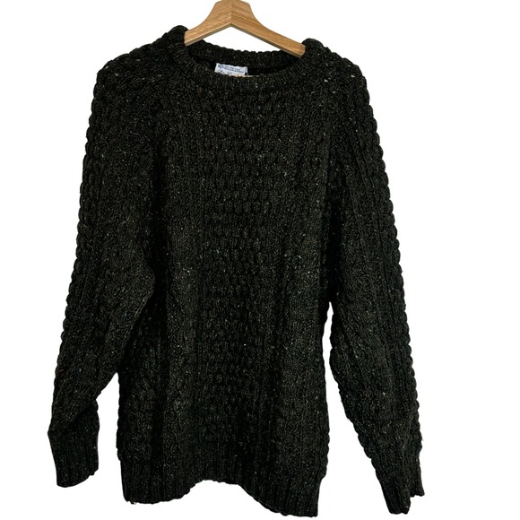 Rita Condron Handloomed Mens Wool Cable Knit Sweater Ireland Speckled Green L